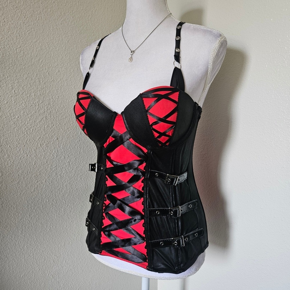 Royal Bones Red Black Lace Up Buckle Gothic Corset Bustier Top